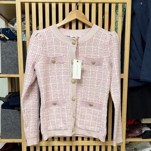 Luxury Pink Tweed Button-Front Women's Sweater Cardigan